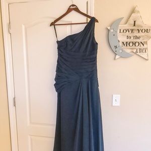 custom boutique one shoulder navy blue gown